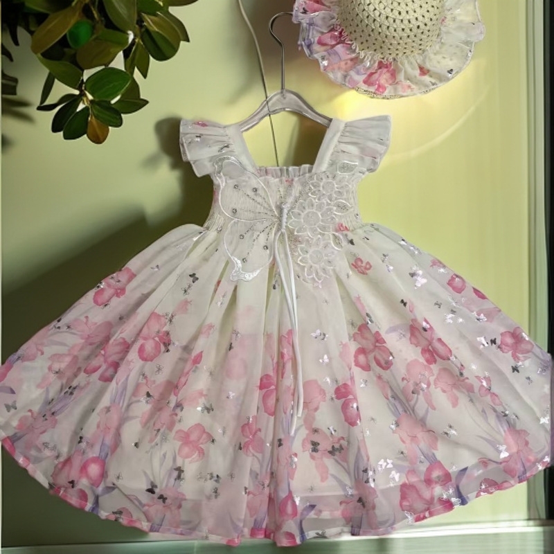 Kids Girls Butterfly Floral Princess Eid Dress with Matching Hat (1 to 7 years)