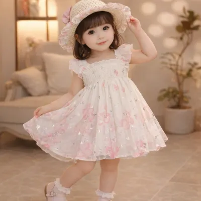 Kids Girls Butterfly Floral Princess Eid Dress with Matching Hat (1 to 7 years)_img_0