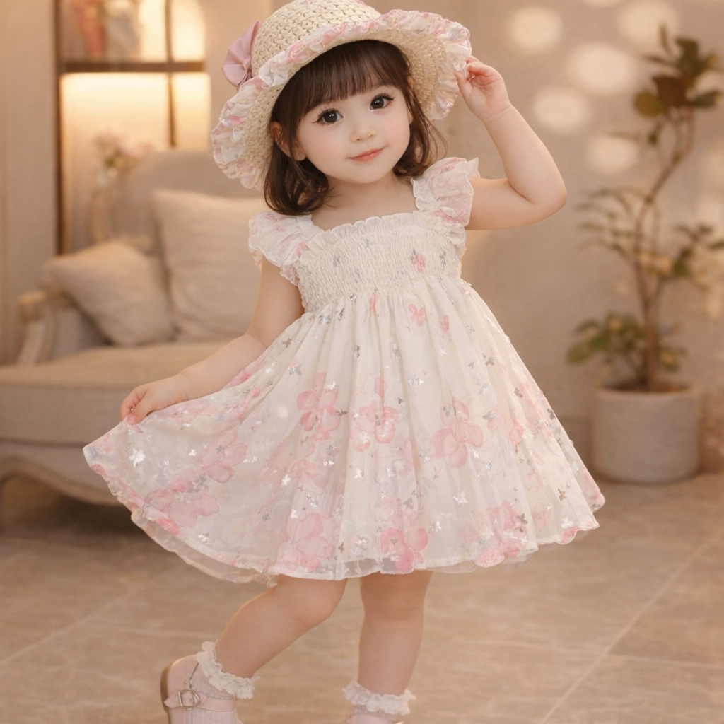 Kids Girls Butterfly Floral Princess Eid Dress with Matching Hat (1 to 7 years)_img_0