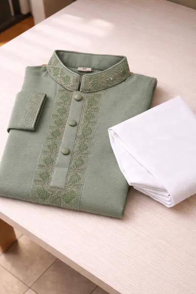 Kids Boy Premium Elegant China Vangchur Green EID Panjabi with Pant (1 to 7 years)_img_1