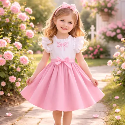 Kids Girls Pink & White Flutter Sleeve Blush Bow Twirl Party Dress (3 to 8 years)_img_0