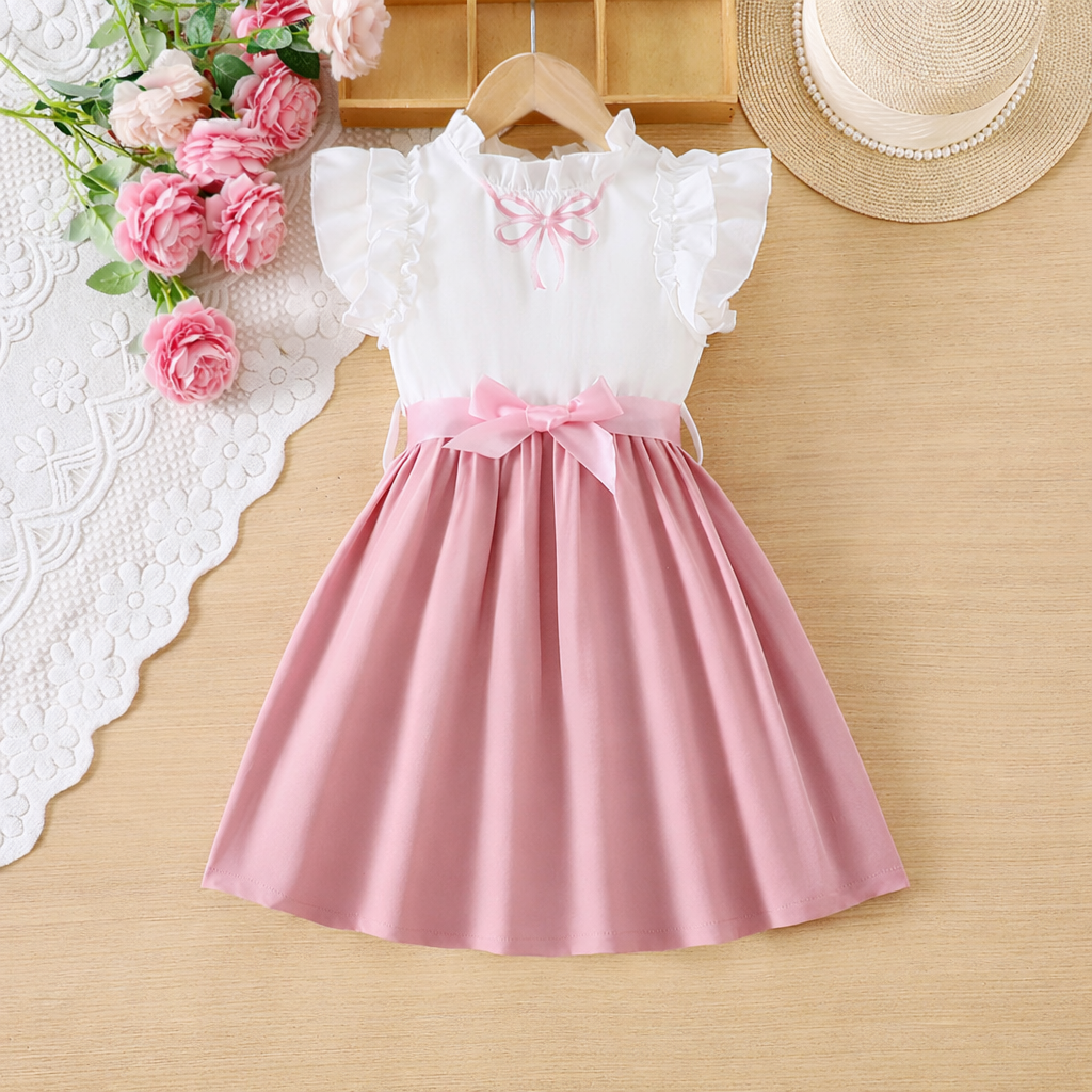 Kids Girls Pink & White Flutter Sleeve Blush Bow Twirl Party Dress (3 to 8 years)_img_1