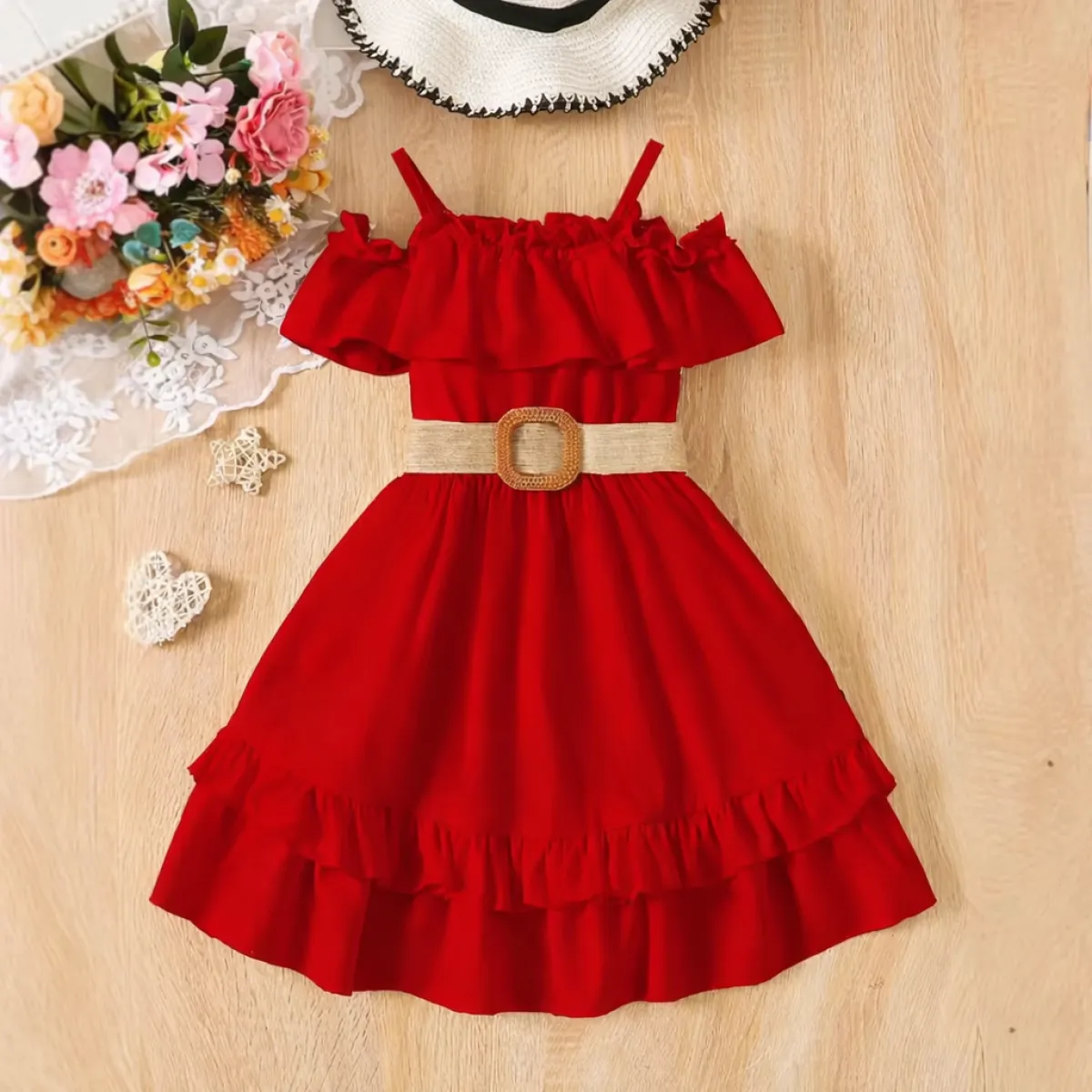 Kids Girls Red Ruffle Party Dress with Belt (3 to 8 years)