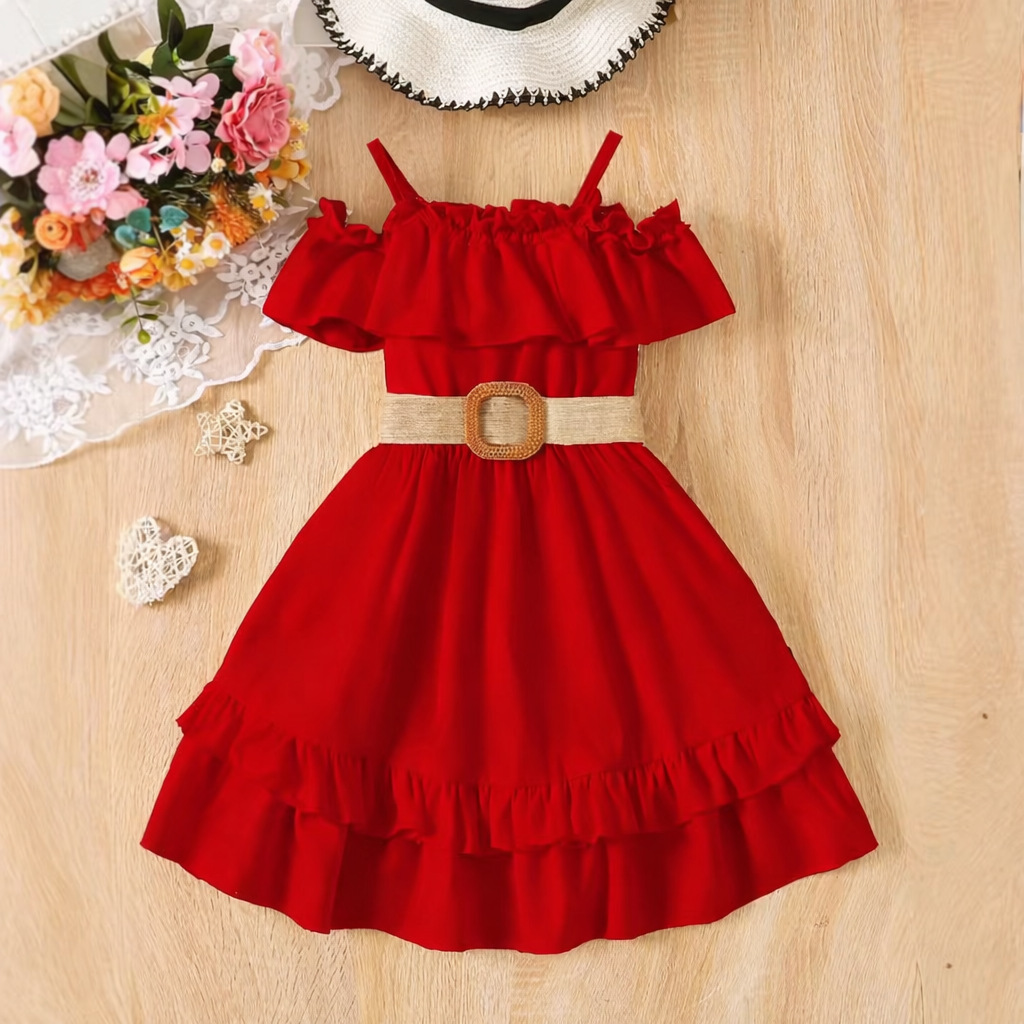 Kids Girls Red Ruffle Party Dress with Belt (3 to 8 years)