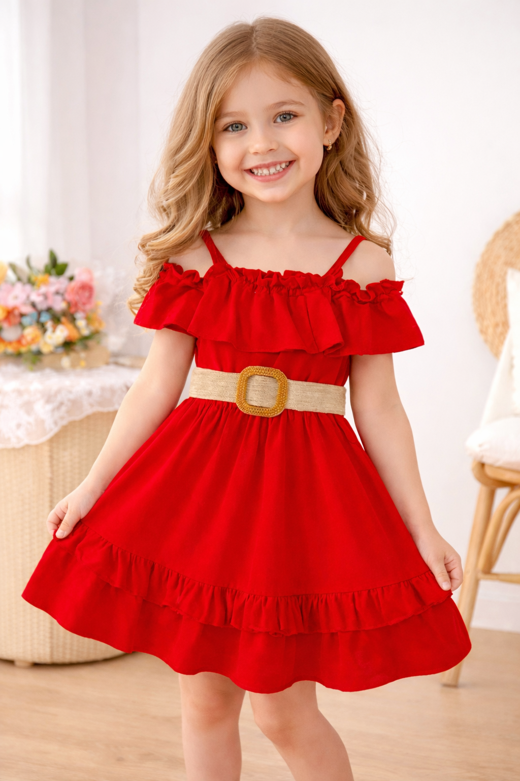 Kids Girls Red Ruffle Party Dress with Belt (3 to 8 years)_img_0