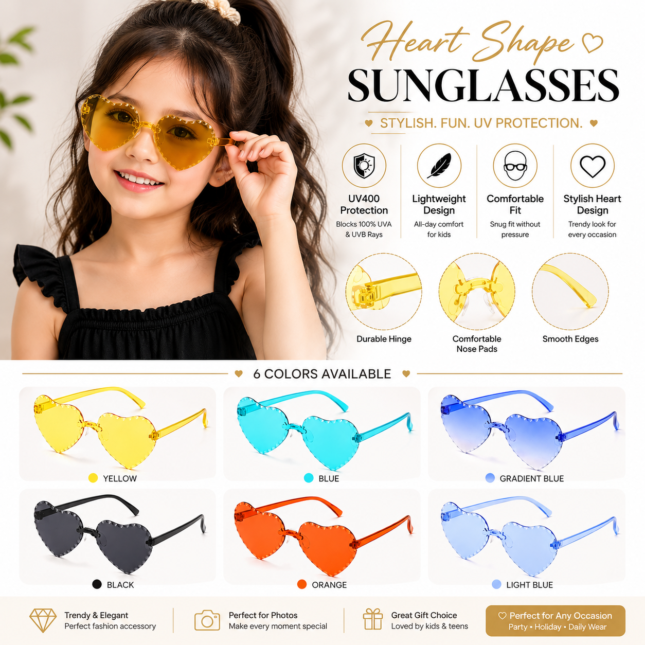 Kids Heart Shape Rimless Sunglasses | UV400 Fashion Eyewear | Stylish Transparent Frame with Sunglasses Case_img_1