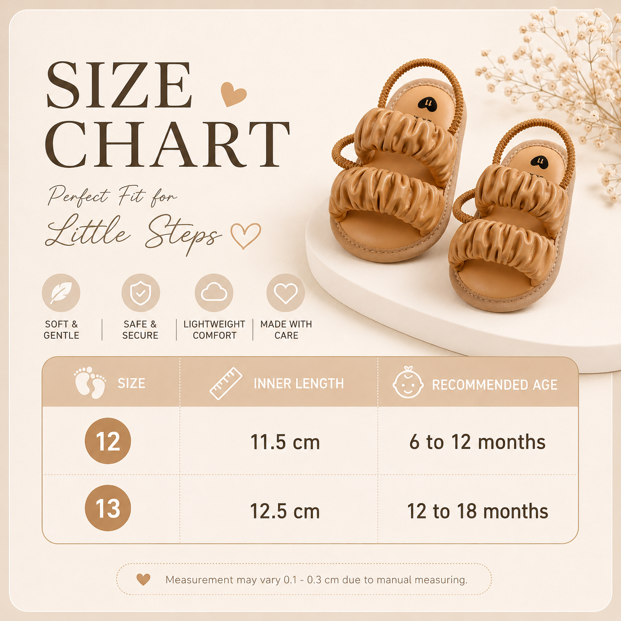 Baby Girls Tan Ruched Sandals | Soft & Cute Baby Sandals (6–18 Months)_img_1