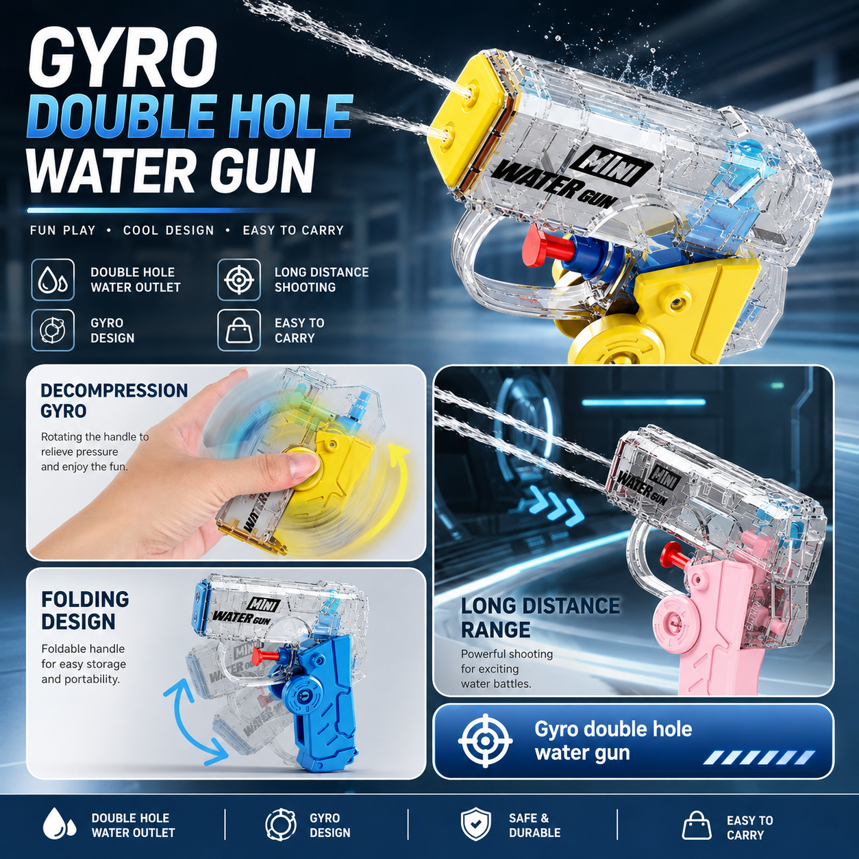 Kids Gyro Double Hole Water Gun | Foldable Mini Water Blaster | Summer Outdoor Water Toy_img_1