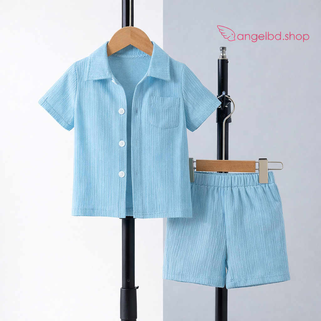 Boys Summer Cotton Blue Shirt & Shorts Set (3 to 8 Years) – Lightweight Textured Kids 2PCS Outfit_img_1