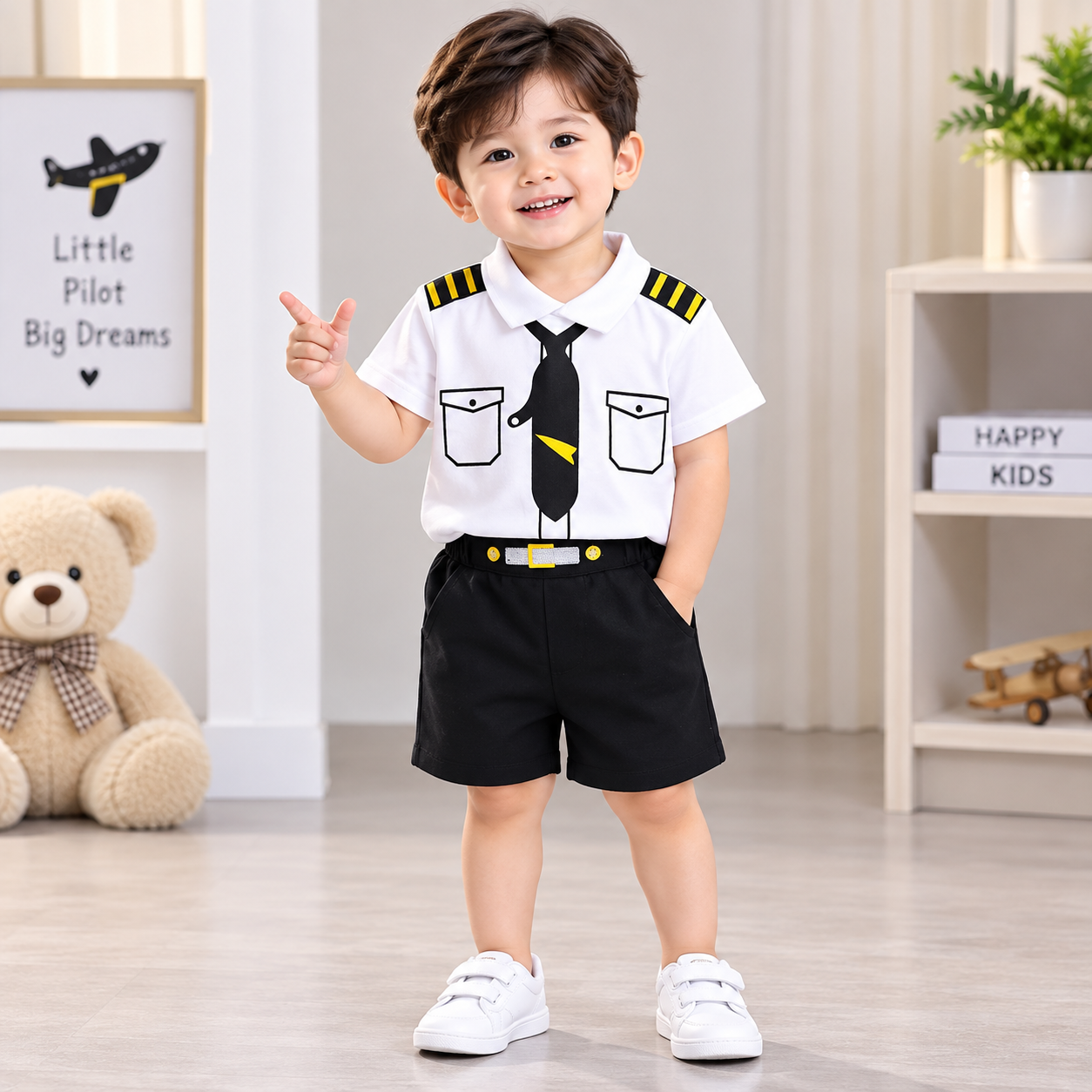Baby Boys Pilot Style 2-Piece Outfit Set | White Shirt & Black Shorts | Stylish Kids Summer Dress (1 to 2 years)