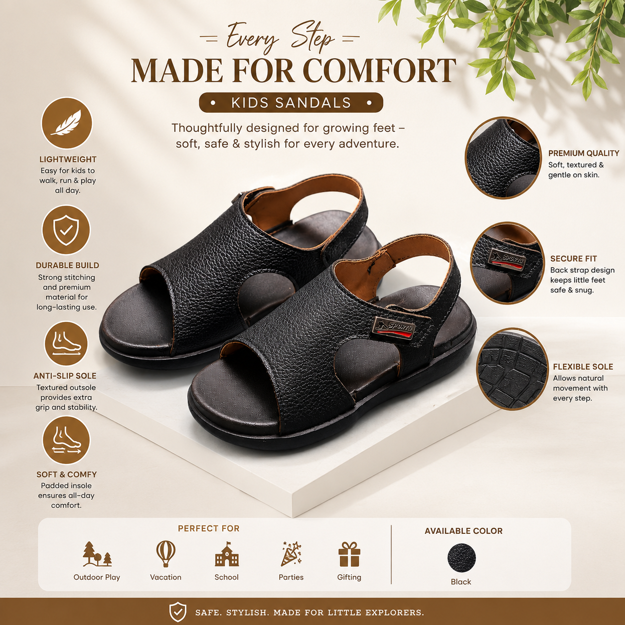 Kids Premium Soft Leather Lightweight Anti-Slip Summer Casual Sandals (4 to 5 years)_img_1