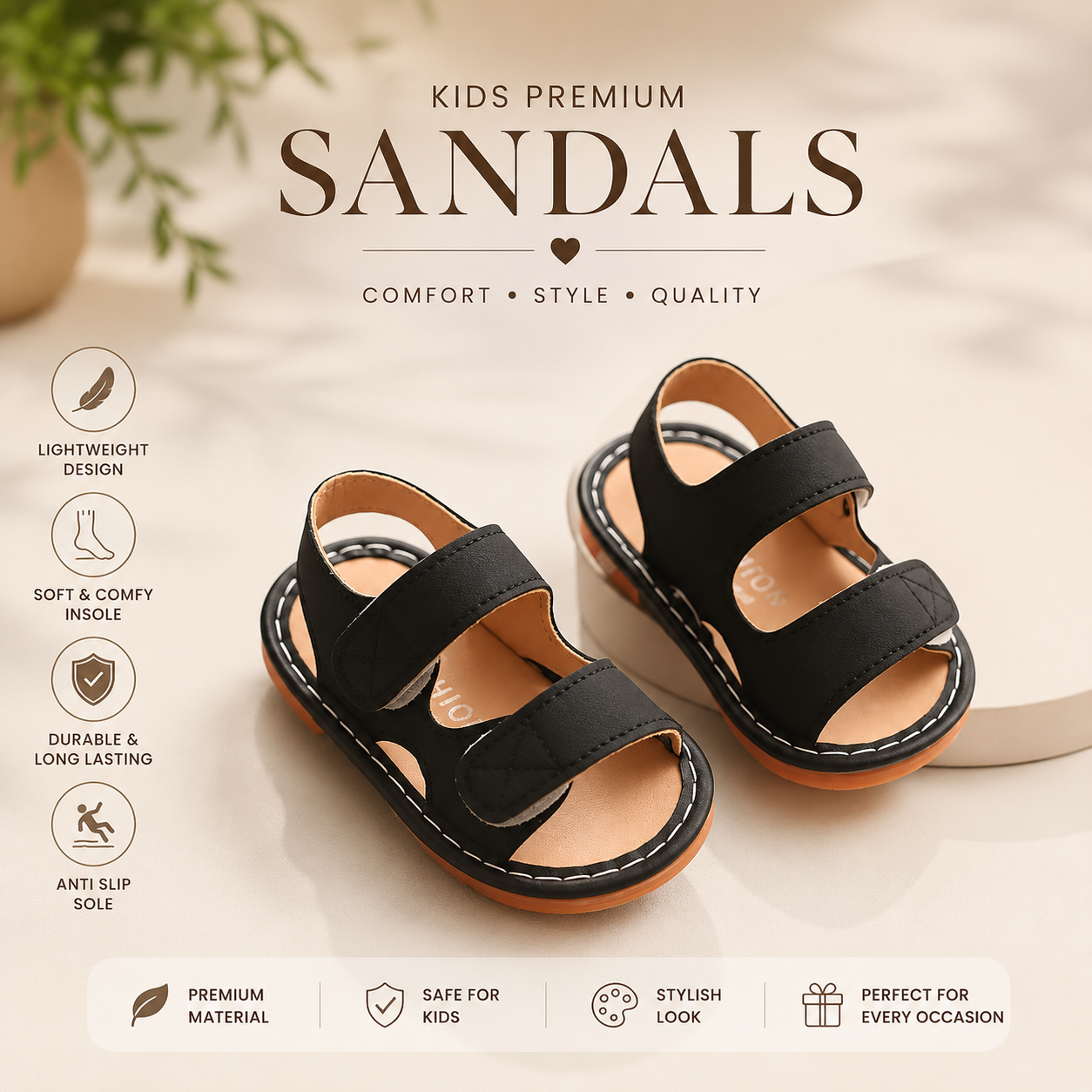 Kids Premium Soft Anti-Slip Baby Summer Black Sandals