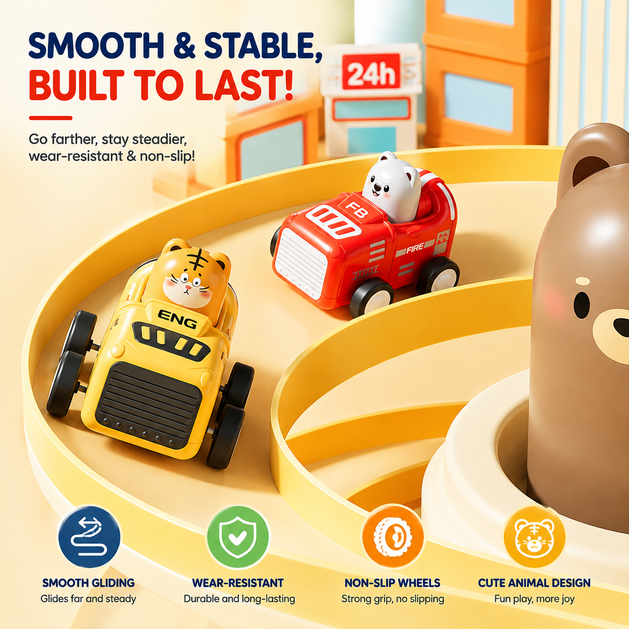 Kids Cute Animal Press Push Car Toy | Mini Fire, Police, Engineer & Doctor Cars_img_3