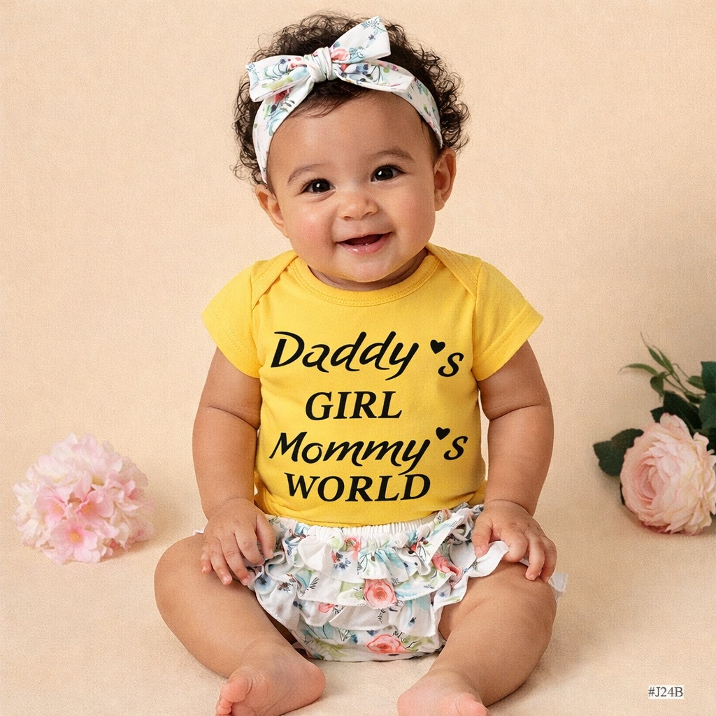 Baby Girl 3PCS Outfit Set – Daddy’s Girl Mommy’s World Bodysuit with Floral Bloomer & Headband
