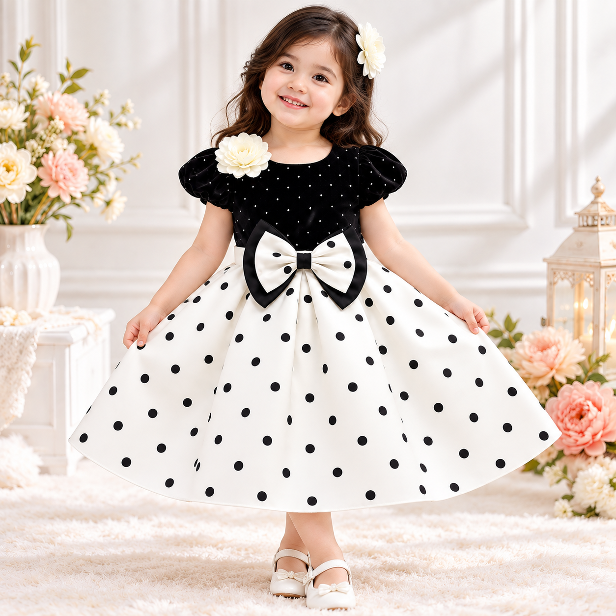 Kids Girls Black White Polka Dot Party Dress with Bow | Baby Party Dress 2–6 Years