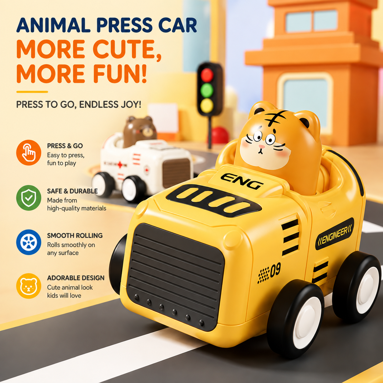Kids Cute Animal Press Push Car Toy | Mini Fire, Police, Engineer & Doctor Cars_img_2