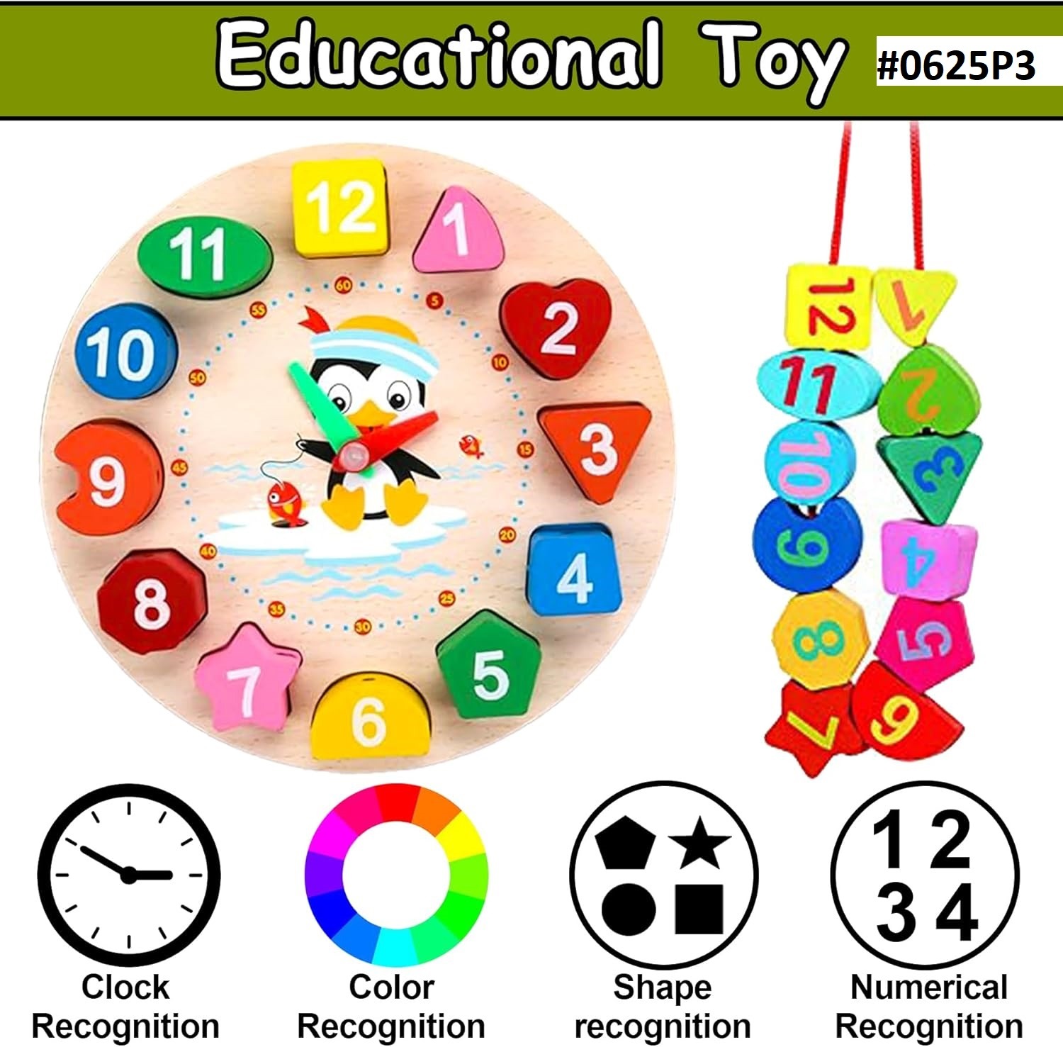 Kids Wooden Educational Clock Toy With Number Shapes - Learning Time, Shapes & Colors Montessori Toy Set_img_1