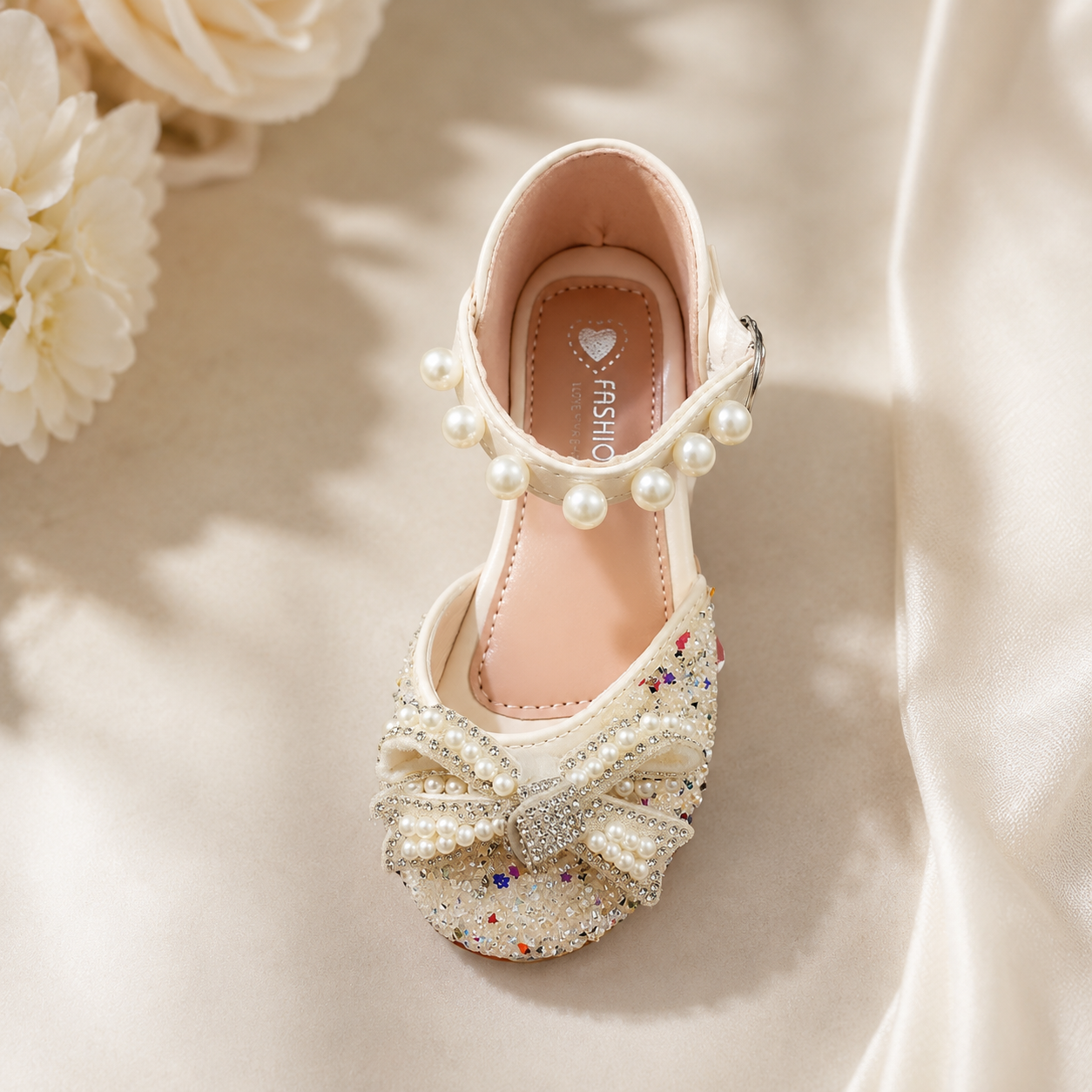 Kids Girls Pearl Party Shoes | Rhinestone Bow Mary Jane Shoes