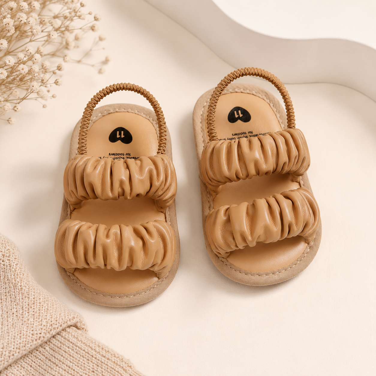 Baby Girls Tan Ruched Sandals | Soft & Cute Baby Sandals (6–18 Months)