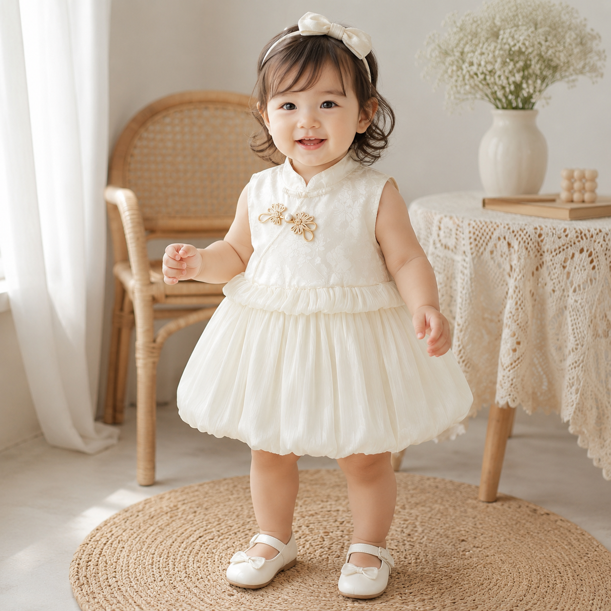 Baby Girl Elegant Sleeveless White Princess Floral Jacquard Summer Party Dress (0 to 18 months)_img_0