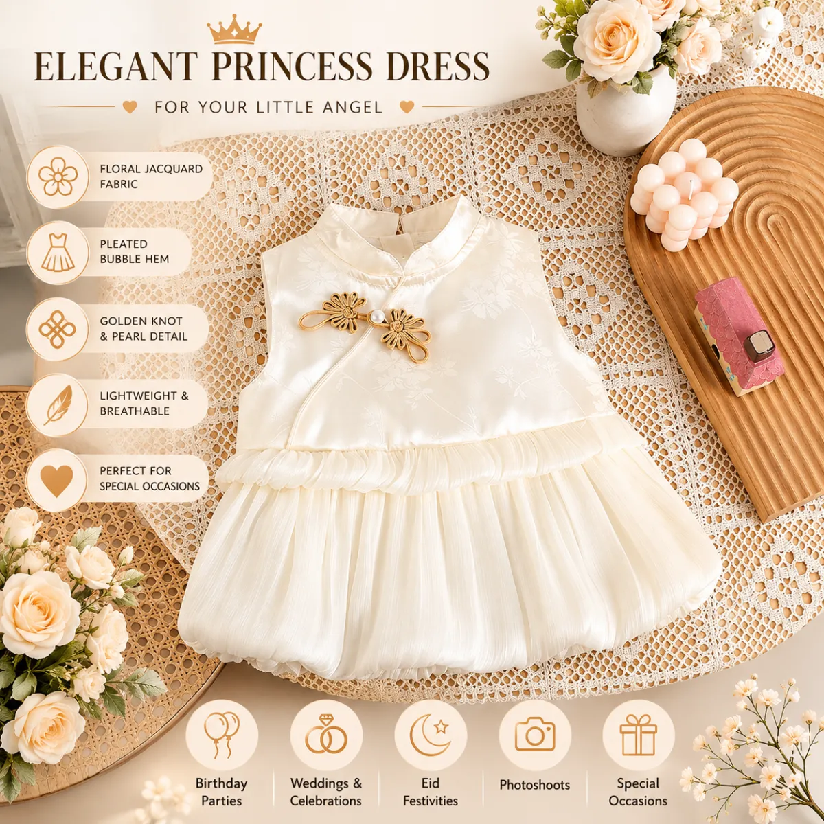 Baby Girl Elegant Sleeveless White Princess Floral Jacquard Summer Party Dress (0 to 18 months)