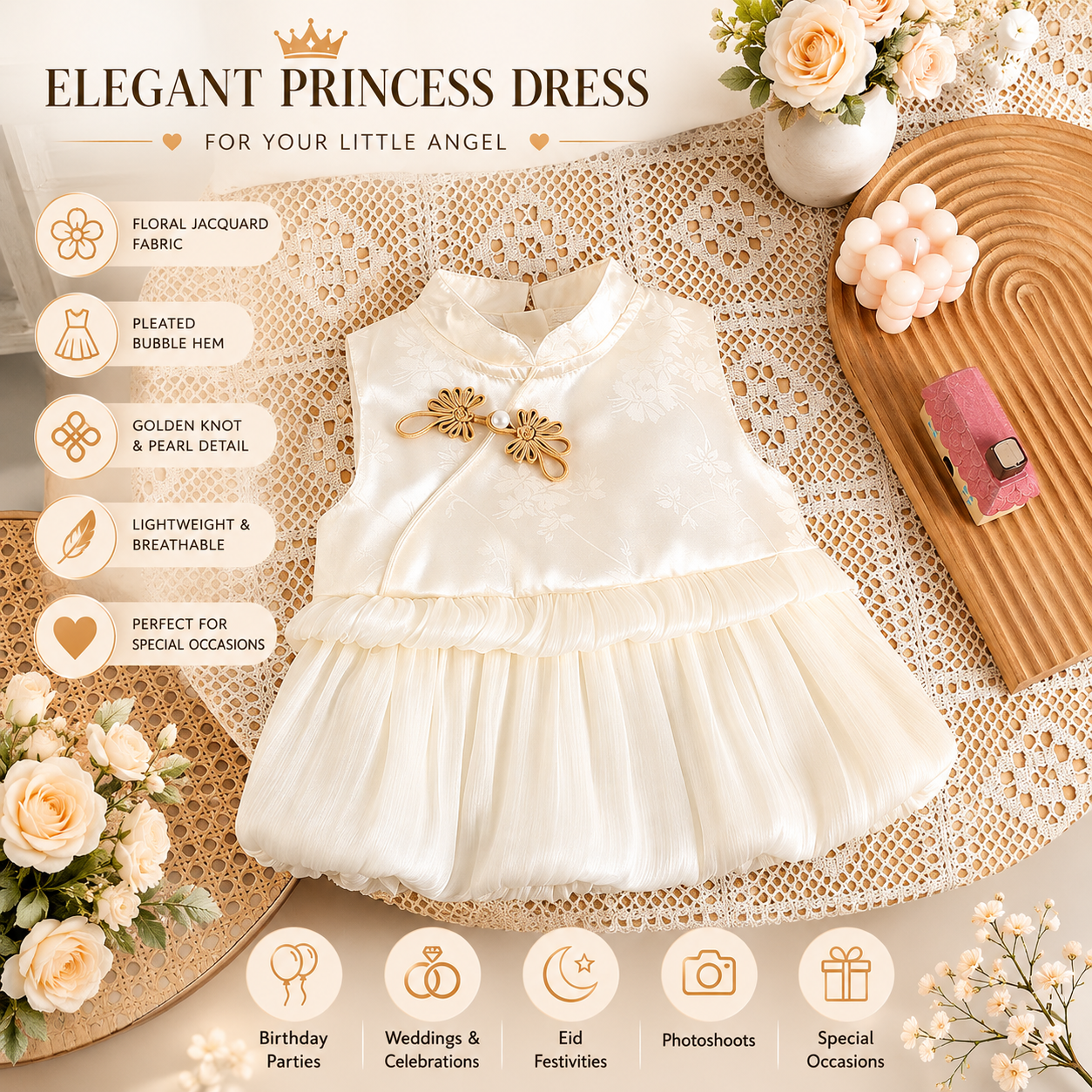 Baby Girl Elegant Sleeveless White Princess Floral Jacquard Summer Party Dress (0 to 18 months)