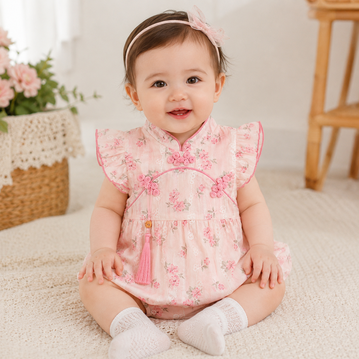 Baby Girl Floral Cheongsam Pink Traditional Style Romper Dress (0 to 18 months)_img_2