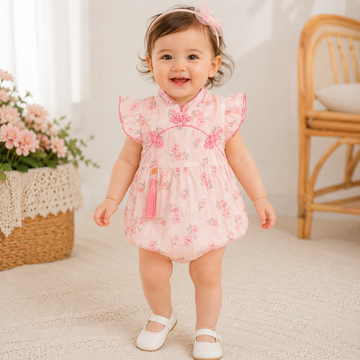 Baby Girl Floral Cheongsam Pink Traditional Style Romper Dress (0 to 18 months)_img_1