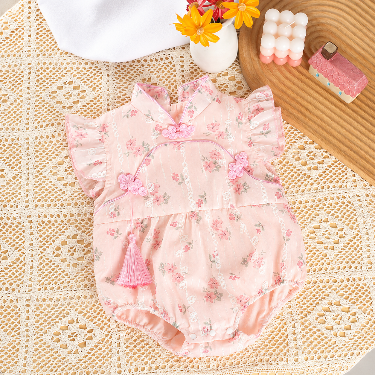 Baby Girl Floral Cheongsam Pink Traditional Style Romper Dress (0 to 18 months)_img_3