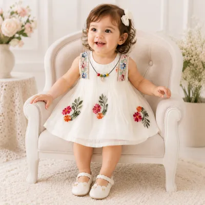 Baby Girl Summer Elegant Floral Embroidered Romper Sleeveless Party Dress (0 to 18 months) with Necklace_img_0