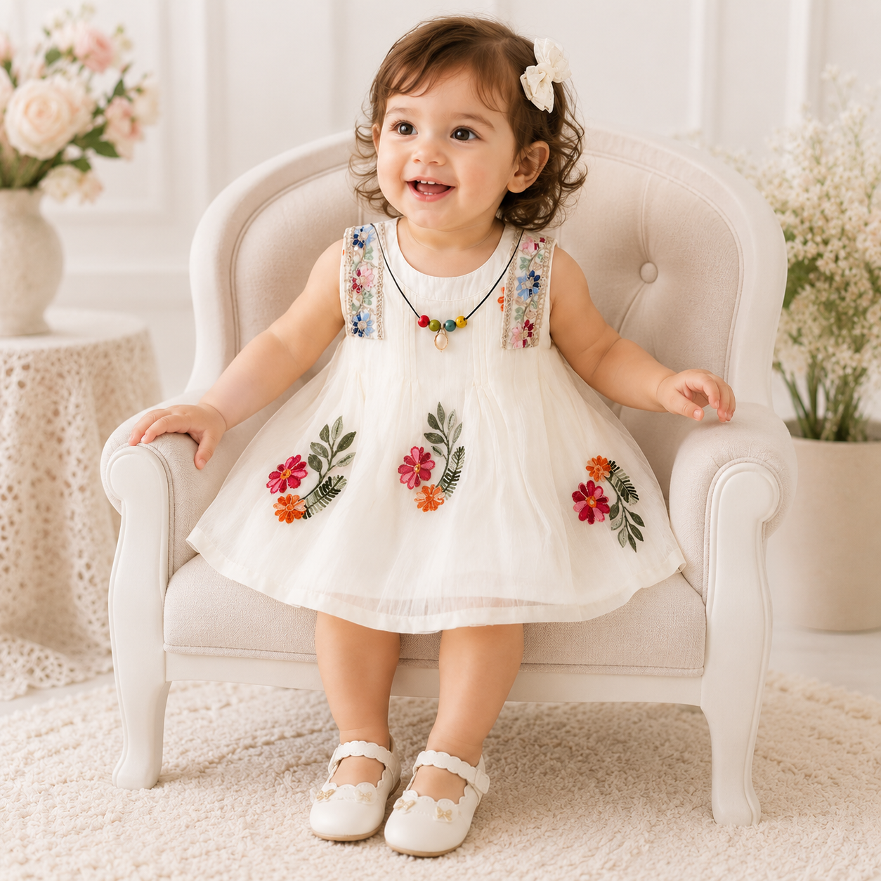 Baby Girl Summer Elegant Floral Embroidered Romper Sleeveless Party Dress (0 to 18 months) with Necklace