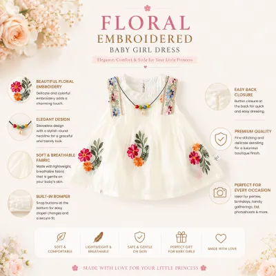 Baby Girl Summer Elegant Floral Embroidered Romper Sleeveless Party Dress (0 to 18 months) with Necklace_img_6