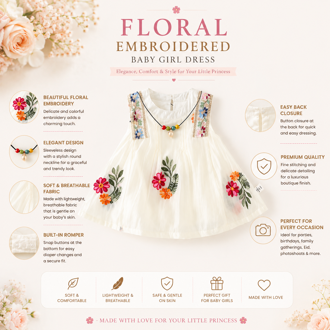 Baby Girl Summer Elegant Floral Embroidered Romper Sleeveless Party Dress (0 to 18 months) with Necklace_img_6