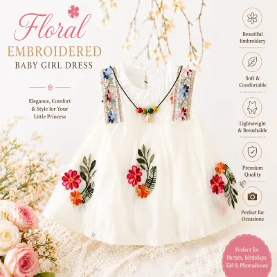 Baby Girl Summer Elegant Floral Embroidered Romper Sleeveless Party Dress (0 to 18 months) with Necklace_img_1