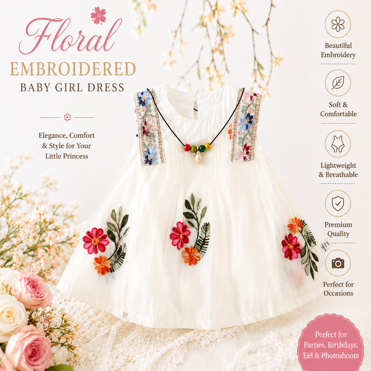 Baby Girl Summer Elegant Floral Embroidered Romper Sleeveless Party Dress (0 to 18 months) with Necklace_img_1