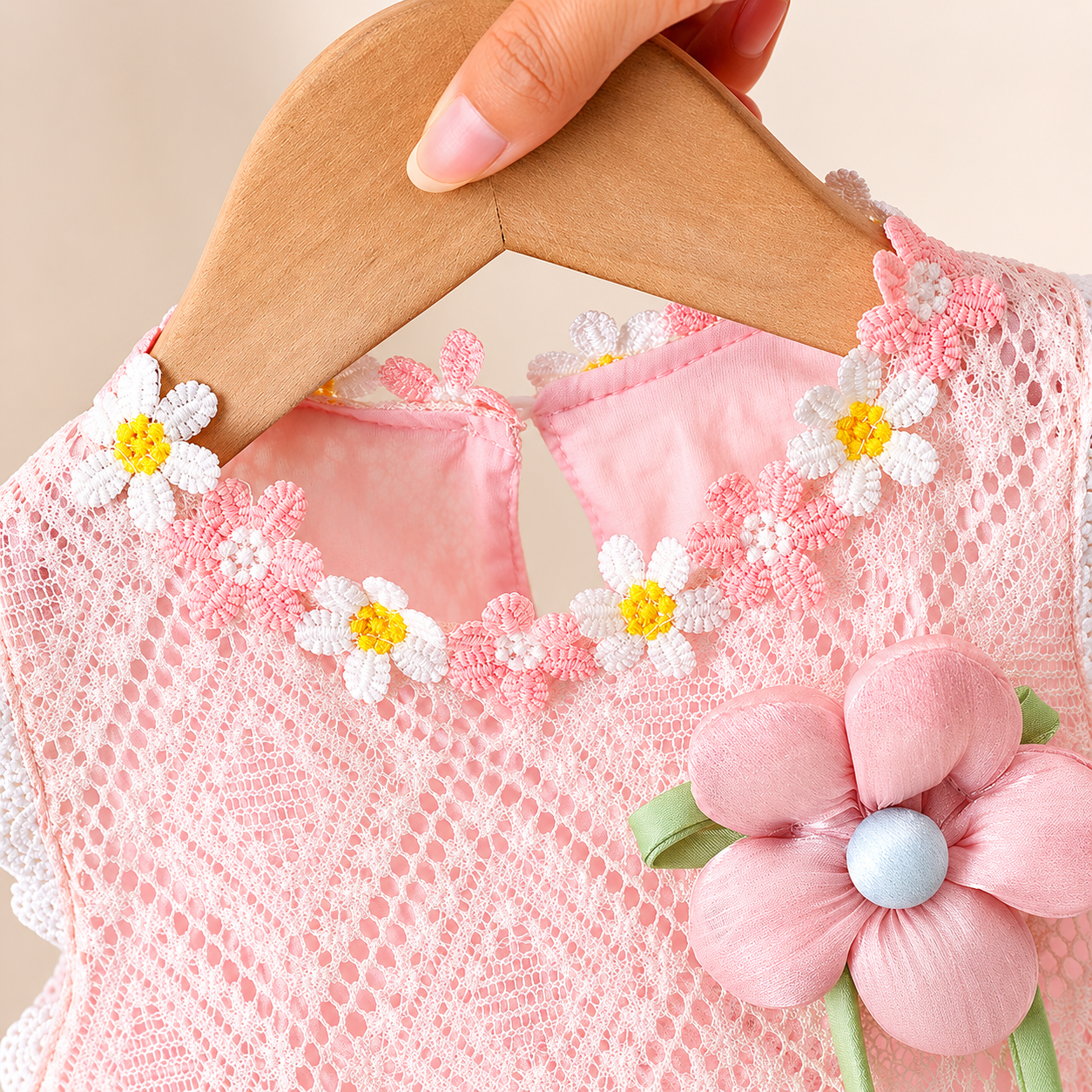 Baby Girls Floral Lace Romper Dress with 3D Flower Applique & Embroidered Hem (0 to 3 years)_img_5