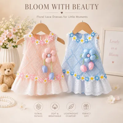 Baby Girls Floral Lace Romper Dress with 3D Flower Applique & Embroidered Hem (0 to 3 years)_img_0