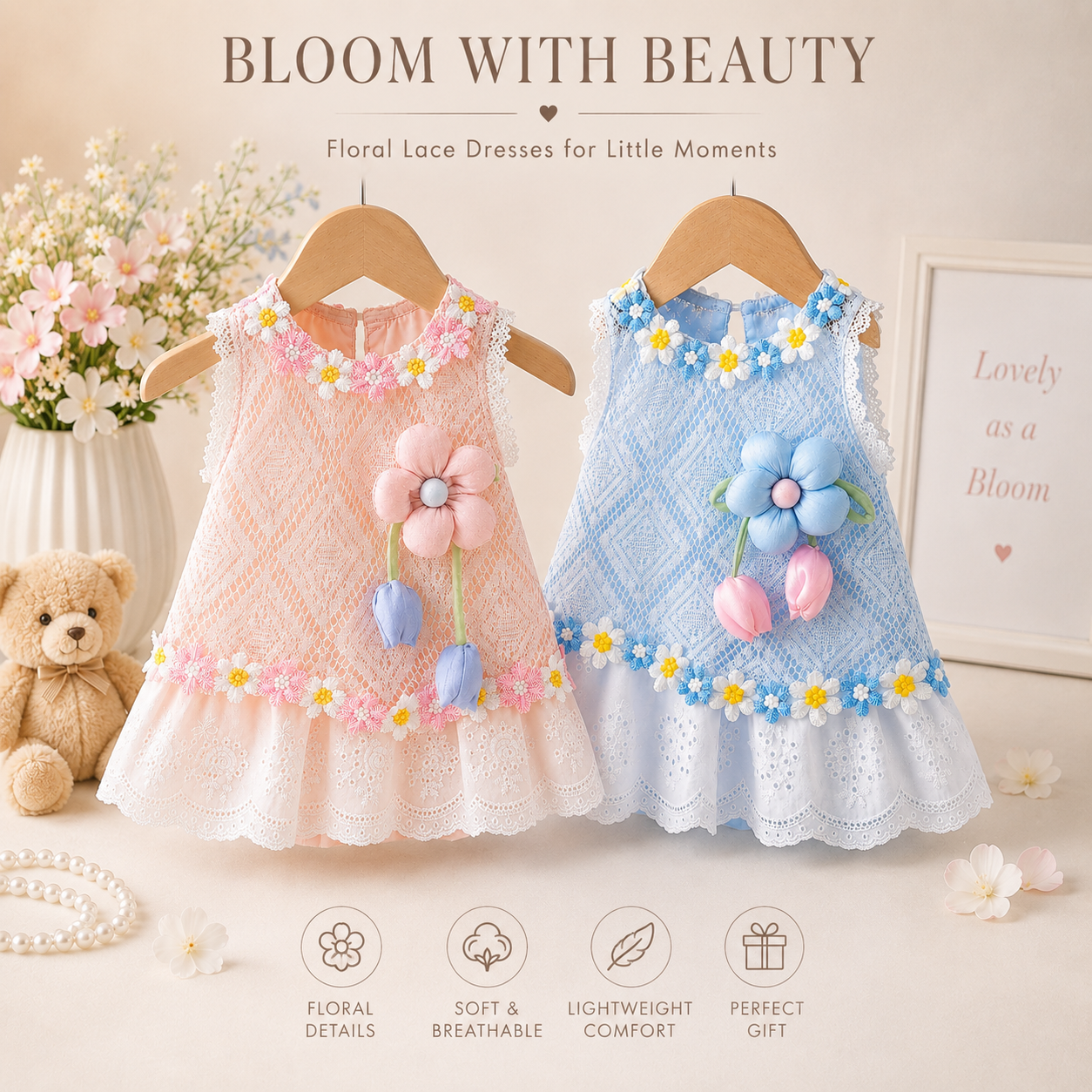 Baby Girls Floral Lace Romper Dress with 3D Flower Applique & Embroidered Hem (0 to 3 years)_img_0