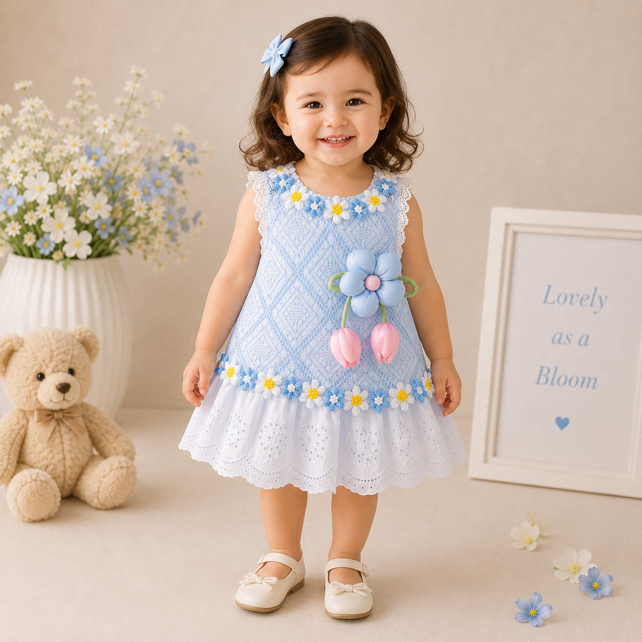 Baby Girls Floral Lace Romper Dress with 3D Flower Applique & Embroidered Hem (0 to 3 years)