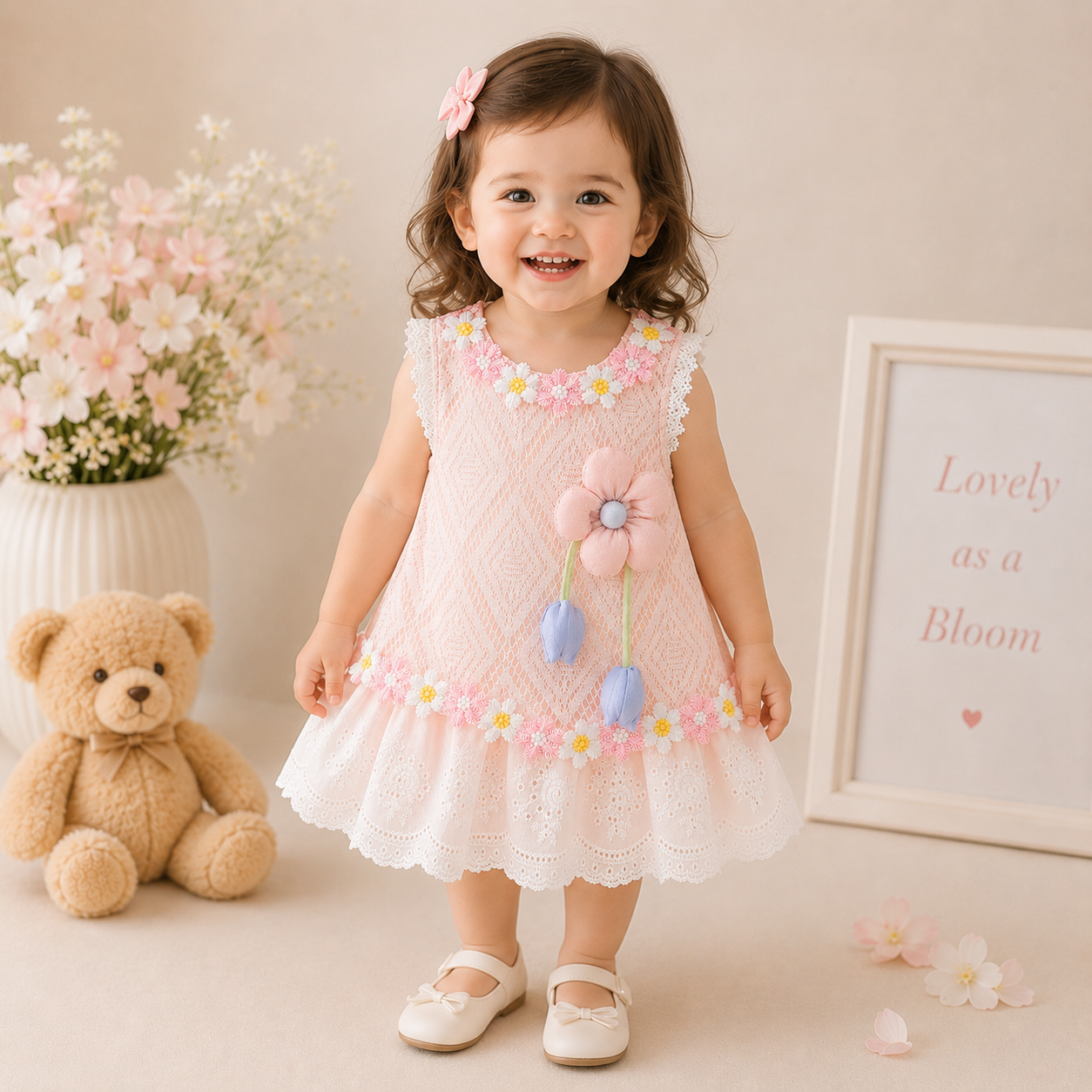 Baby Girls Floral Lace Romper Dress with 3D Flower Applique & Embroidered Hem (0 to 3 years)_img_2