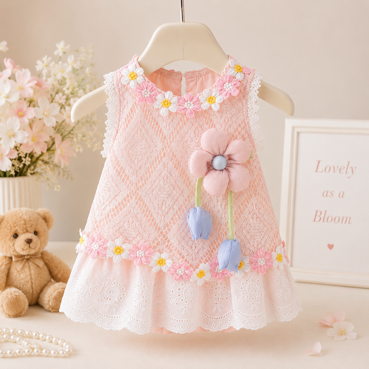 Baby Girls Floral Lace Romper Dress with 3D Flower Applique & Embroidered Hem (0 to 3 years)_img_4