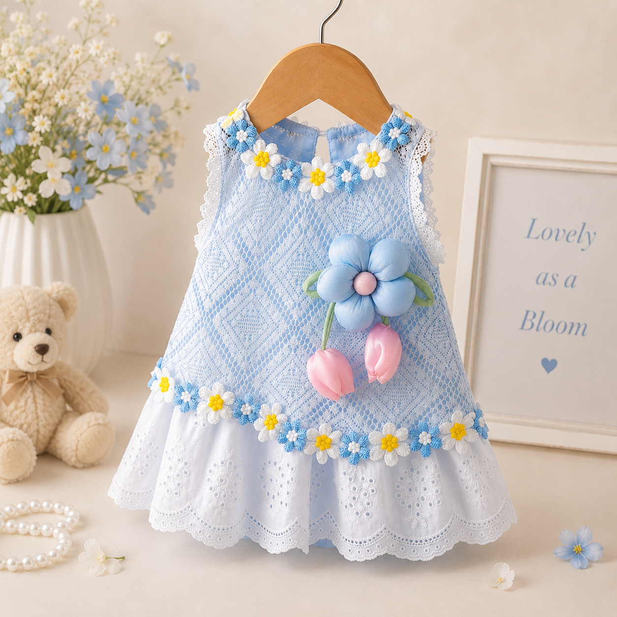 Baby Girls Floral Lace Romper Dress with 3D Flower Applique & Embroidered Hem (0 to 3 years)_img_3