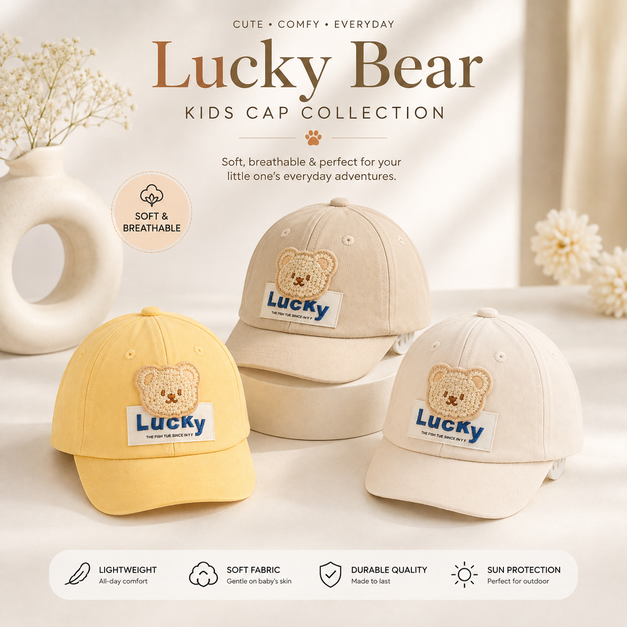Kids Lucky Bear Cotton Cap | Soft Adjustable Baby Baseball Cap for Boys & Girls (6 months to 3)_img_1