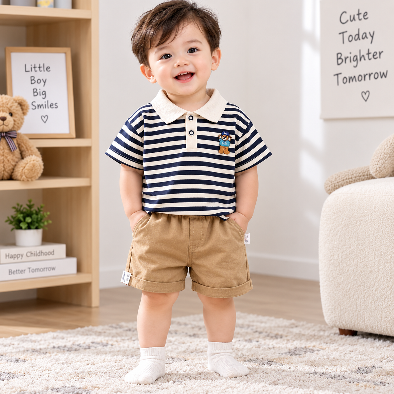 Baby Boys Striped Polo Shirt & Khaki Shorts Summer Outfit (6 to 12 months)