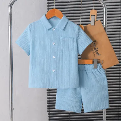 Boys Summer Cotton Blue Shirt & Shorts Set (3 to 8 Years) – Lightweight Textured Kids 2PCS Outfit_img_2