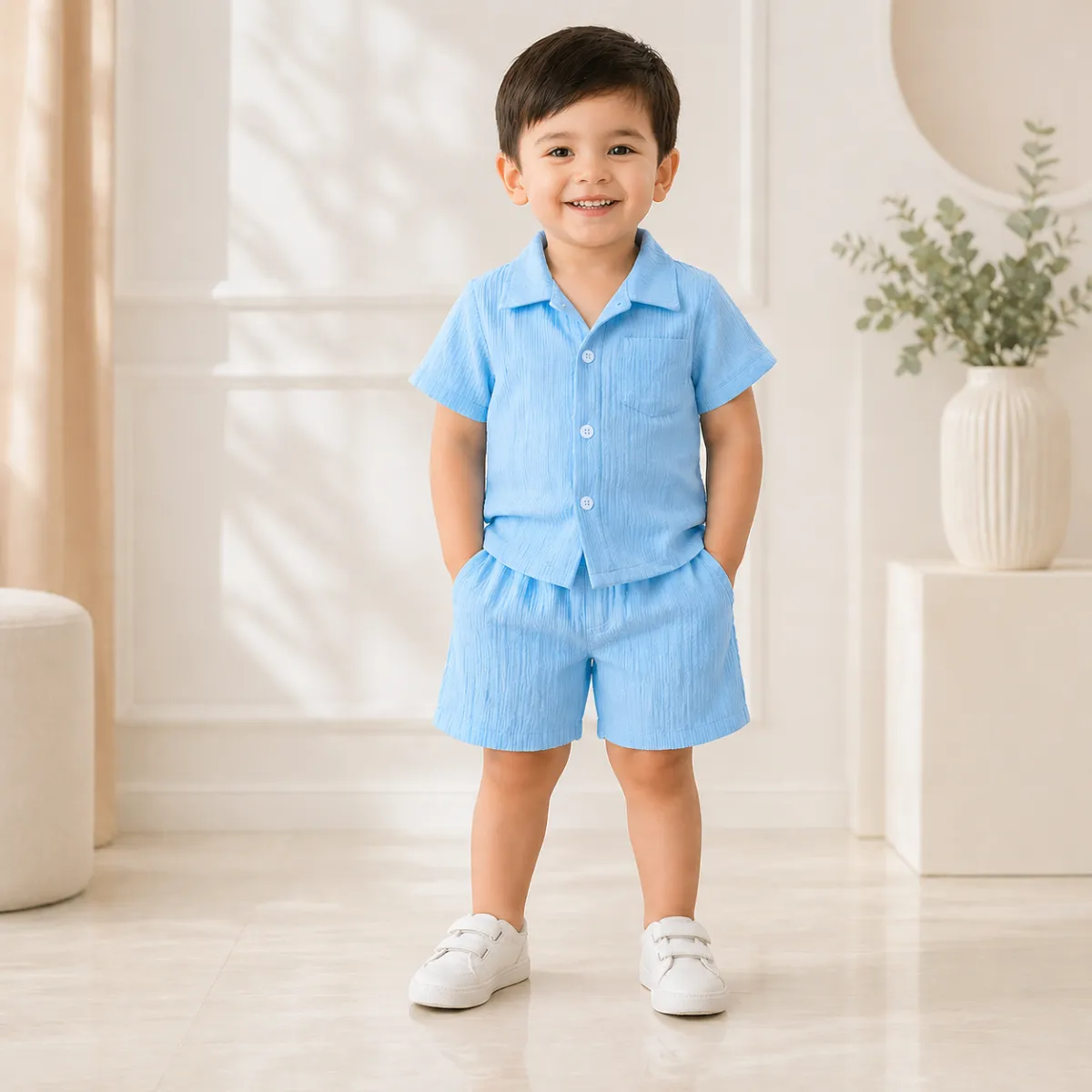 Boys Summer Cotton Blue Shirt & Shorts Set (3 to 8 Years) – Lightweight Textured Kids 2PCS Outfit