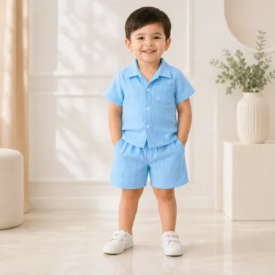 Boys Summer Cotton Blue Shirt & Shorts Set (3 to 8 Years) – Lightweight Textured Kids 2PCS Outfit_img_0