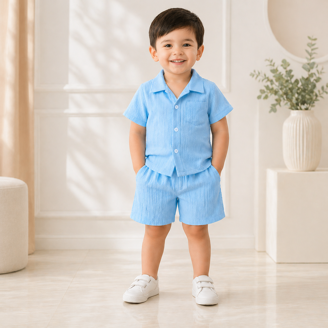 Boys Summer Cotton Blue Shirt & Shorts Set (3 to 8 Years) – Lightweight Textured Kids 2PCS Outfit