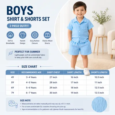 Boys Summer Cotton Blue Shirt & Shorts Set (3 to 8 Years) – Lightweight Textured Kids 2PCS Outfit_img_9