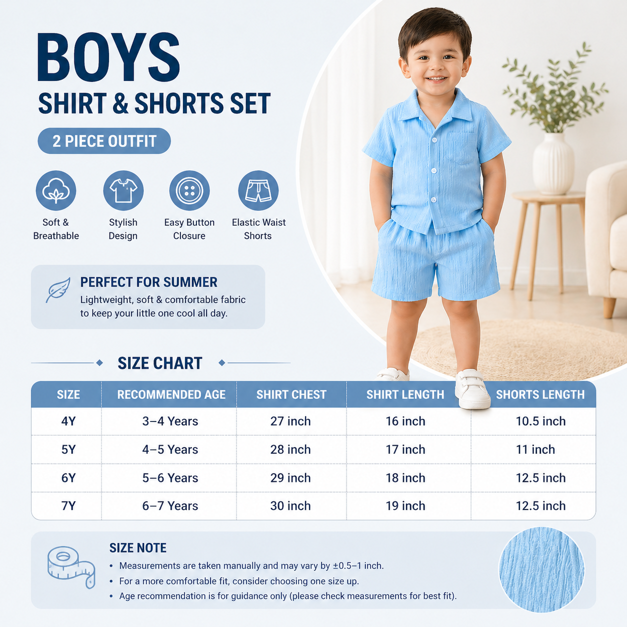 Boys Summer Cotton Blue Shirt & Shorts Set (3 to 8 Years) – Lightweight Textured Kids 2PCS Outfit_img_9
